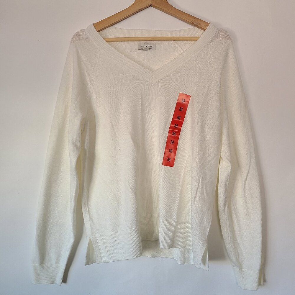 Lucky Brand White V-Neck Lightweight Knit Sweater Medium
